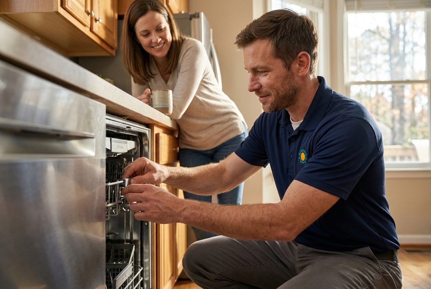 Sun Appliance Repair technician kneeling by an open dishwasher in an Atlanta kitchen, ready to help.