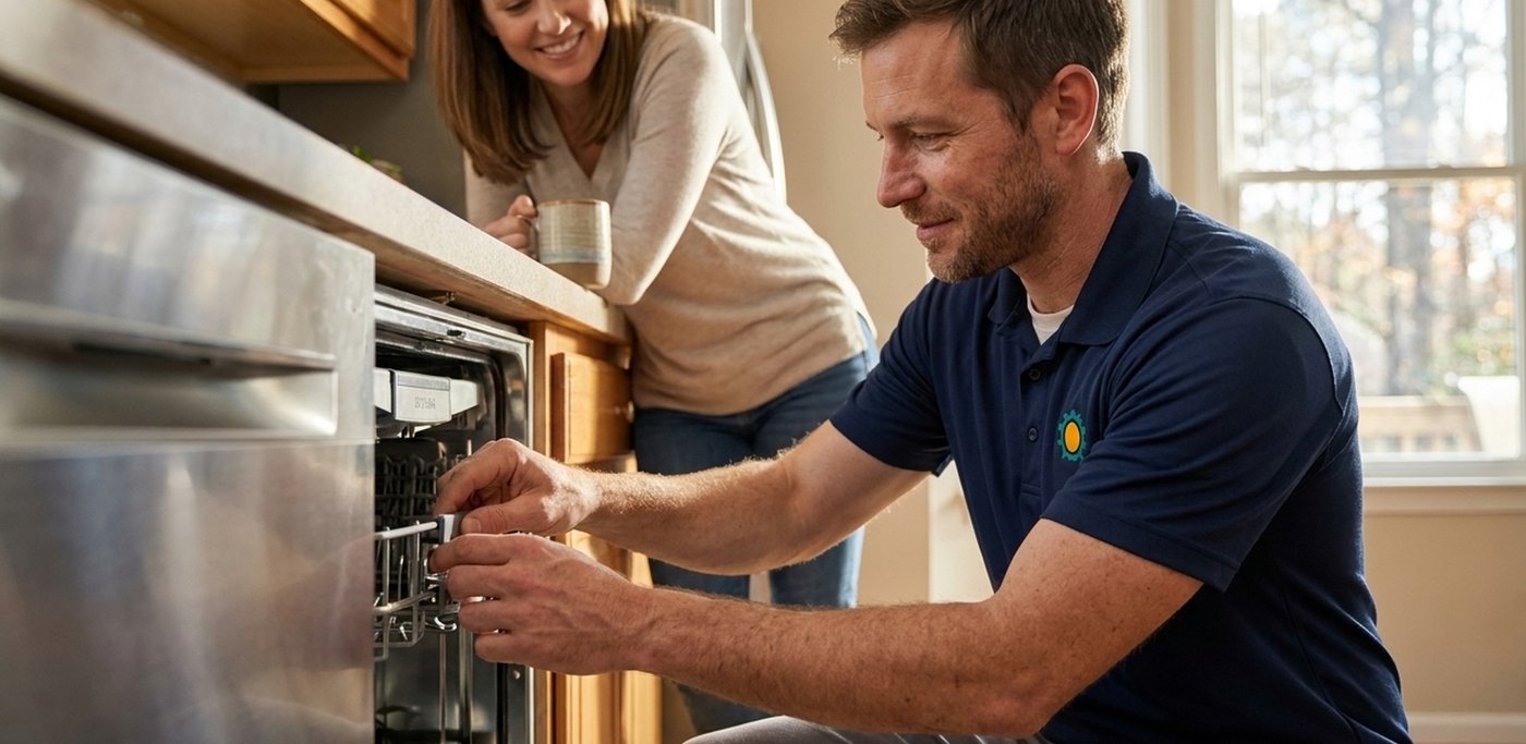 Sun Appliance Repair technician testing a dishwasher with a multimeter in an Atlanta kitchen.